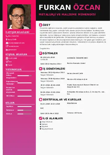 Metalürji Ve Malzeme Mühendisliği Cv Örnekleri cv indir